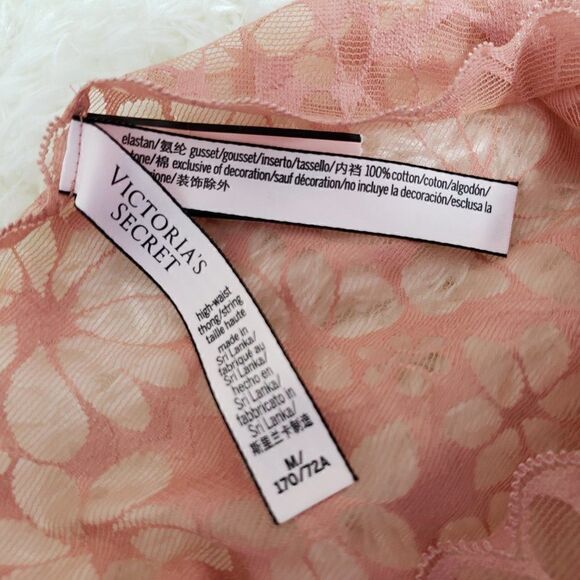 VS Pink Pale Lace Mesh Floral High Waist THONG Medium Nwt - Picture 4 of 4